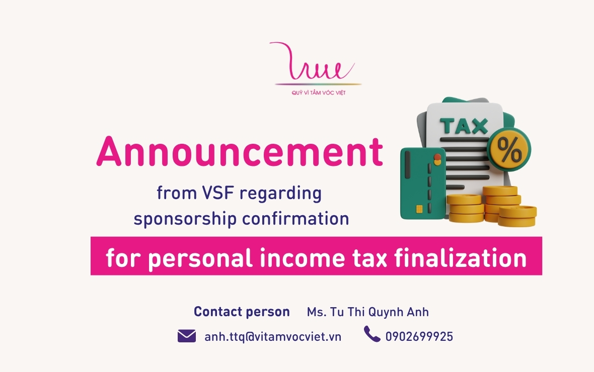 Announcement from For Vietnamese Stature Foundation regarding sponsorship confirmation for personal income tax finalization
